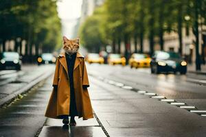 a fox wearing a coat and walking down a street. AI-Generated photo