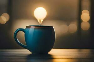 un azul café taza con un ligero bulbo en él. generado por ai foto