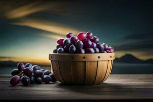 uvas en un cesta en un de madera mesa. generado por ai foto