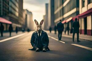 a rabbit wearing a suit and tie sits on the street. AI-Generated photo
