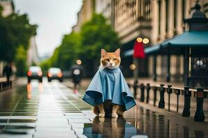 a cat wearing a blue cape on a rainy day. AI-Generated photo