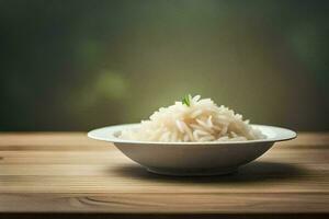 un cuenco de arroz en un de madera mesa. generado por ai foto