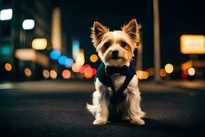 un pequeño perro vistiendo un arco Corbata en el calle a noche. generado por ai foto