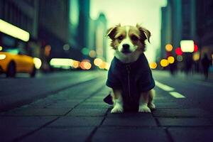 un perro vistiendo un chaqueta se sienta en el calle a noche. generado por ai foto