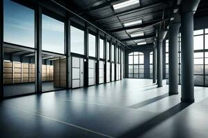 an empty warehouse with large windows and lots of boxes. AI-Generated photo