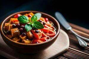 a bowl of pasta with vegetables and herbs. AI-Generated photo