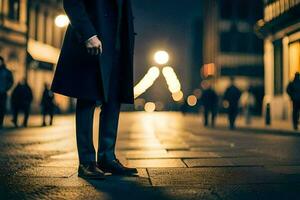 a man in a coat standing on a street at night. AI-Generated photo