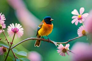 un vistoso pájaro se sienta en un rama con rosado flores generado por ai foto