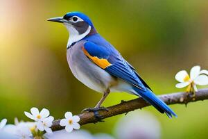 a blue and yellow bird sits on a branch. AI-Generated photo