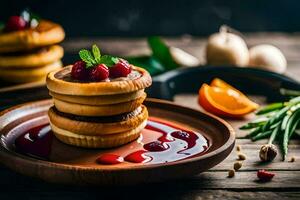 a plate with pancakes and cranberry sauce. AI-Generated photo