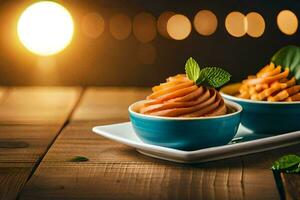 two small bowls of food on a wooden table. AI-Generated photo