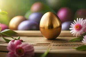 easter eggs and flowers on a wooden table. AI-Generated photo