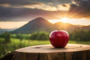 a red apple sits on a stump in front of a sunset. AI-Generated photo