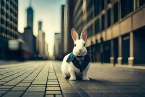 un blanco Conejo vistiendo un traje y Corbata en un ciudad calle. generado por ai foto