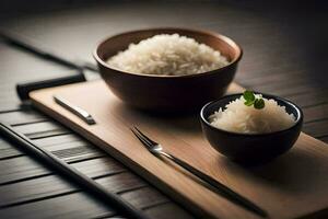 a bowl of rice and chopsticks on a wooden table. AI-Generated photo