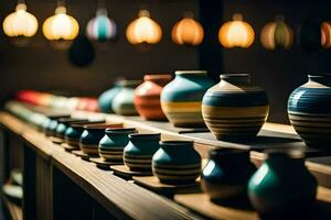 a row of colorful vases on a shelf. AI-Generated photo