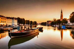 boats are docked on the water in front of buildings. AI-Generated photo