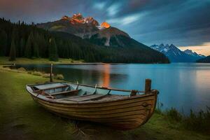 un barco se sienta en el apuntalar de un lago a puesta de sol. generado por ai foto