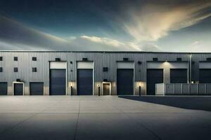 a large industrial building with two large doors. AI-Generated photo