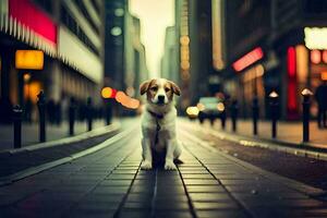 un perro sentado en el calle en un ciudad. generado por ai foto