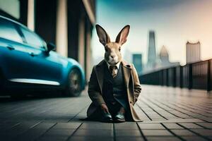 a rabbit in a suit and tie sitting on the ground. AI-Generated photo