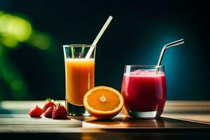 two glasses of juice with straws and strawberries. AI-Generated photo