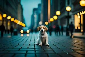 un perro sentado en el calle en frente de un ciudad. generado por ai foto