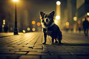 a dog is standing on a brick road at night. AI-Generated photo