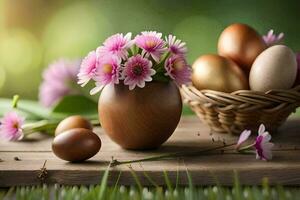 Pascua de Resurrección flores en un cesta. generado por ai foto