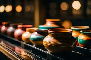 colorful pottery on display in a store. AI-Generated photo