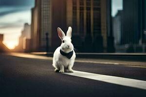 a rabbit wearing a tie on the road. AI-Generated photo