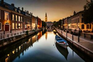 a boat is sitting on a canal at sunset. AI-Generated photo