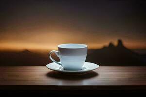 a cup of coffee on a table in front of a sunset. AI-Generated photo