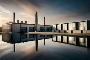 a factory building with a reflection in the water. AI-Generated photo