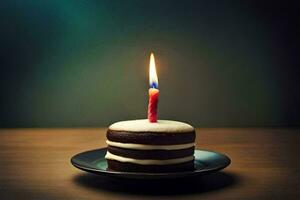 a small birthday cake with one lit candle. AI-Generated photo