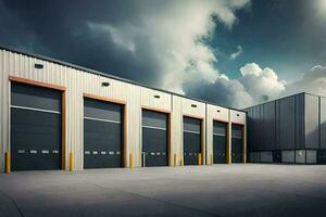 a large industrial building with four garage doors. AI-Generated photo