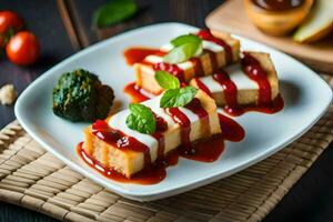a plate with two slices of cake and sauce. AI-Generated photo