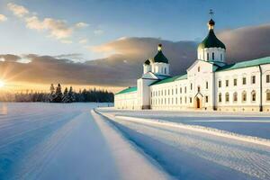 el Dom conjuntos terminado un grande blanco Iglesia en el nieve. generado por ai foto