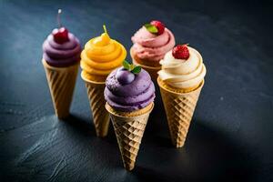 five ice cream cones with different colors. AI-Generated photo