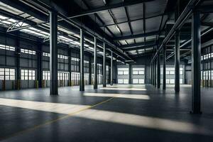 an empty warehouse with large windows. AI-Generated photo