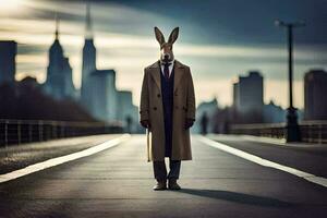 a rabbit wearing a suit and tie standing on the road. AI-Generated photo