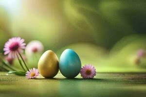 two easter eggs on a green background. AI-Generated photo