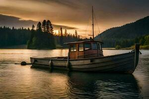 a boat sits on the water at sunset. AI-Generated photo