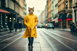 a cat wearing a yellow raincoat walking down a street. AI-Generated photo
