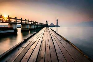 a pier with a lighthouse at sunset. AI-Generated photo