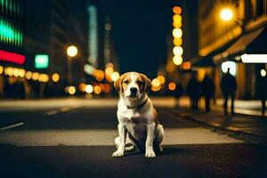 a dog sitting on the street at night. AI-Generated photo