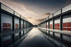 a long row of storage units with a sky in the background. AI-Generated photo