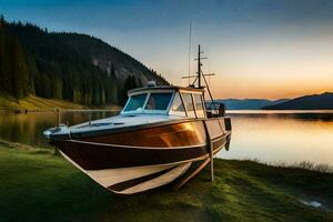 a boat sits on the shore of a lake at sunset. AI-Generated photo