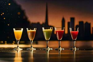 five glasses of different colored drinks on a table. AI-Generated photo