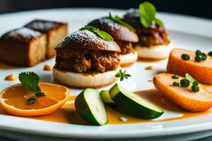 a plate with food on it and a slice of orange. AI-Generated photo